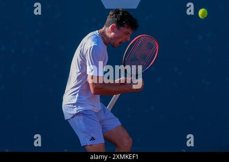 Max Hans Rehberg from Germany celebrates after scores a point during Internazionali di Verona - ATP Challenger 100 tennis tournament at Sports Club Ve Stock Photo