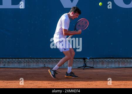 Max Hans Rehberg from Germany celebrates after scores a point during Internazionali di Verona - ATP Challenger 100 tennis tournament at Sports Club Ve Stock Photo