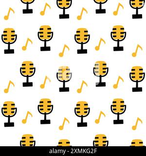 Playful seamless pattern of vintage microphones and musical notes Stock Vector