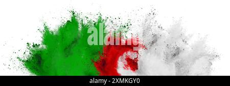 colorful algerian green red white color holi paint powder explosion isolated on white background. algeria african crescent celebration soccer travel a Stock Photo