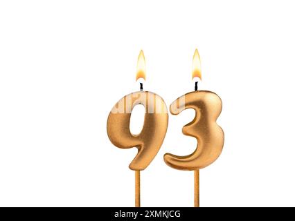 Golden candle number 93 - Birthday on white background Stock Photo