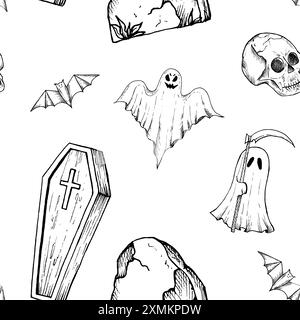 Human skull with black eyes seamless pattern. Vector zombie arms sticking out of the ground, gravestone in a cemetery, black bat . Hand painted linear Stock Vector