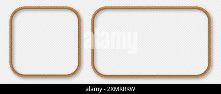 Rope frames, realistic jute cord borders, hemp twisted rope in square and rectangle shapes Stock Vector