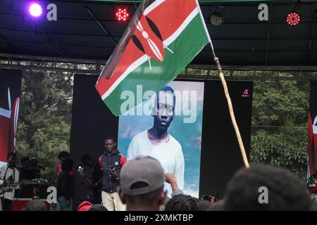 Nakuru, Kenya. 28th July, 2024. An image of Austin Onyisa Makhoha, 17, who died at the hands of law enforcement during the tax hike and anti-government demonstrations held across the country in June and July, is displayed on a screen during a memorial concert. The police have been accused for the disappearances and the deaths of over 60 demonstrators who gathered in large numbers to protest against tax increases and poor governance. (Photo by James Wakibia/SOPA Images/Sipa USA) Credit: Sipa USA/Ģ����ý Live News Stock Photo