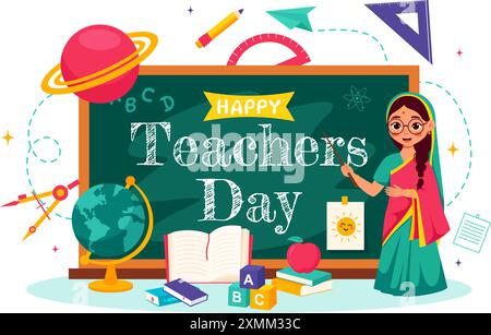 Happy Teachers Day in India Vector Illustration featuring Teacher Wearing Traditional Clothes and School Equipment in a Flat Cartoon Background Stock Vector