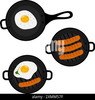 Grill and frying pans with Fried eggs, salt, pepper, greens leaf and sausages Top view. Set of 3. Hand drawn Vector Culinary food poster or card menu, banner, brochure, price tag, web design elements Stock Vector