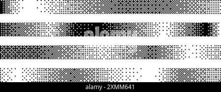 Bitmap gradient border set. Black dotted halftone header or footer collection. Pixelated rectangle decoration element for banner, poster, advertisement, card, cover. Vector horizontal stripes Stock Vector