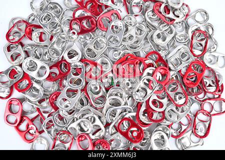 Drink can stay tabs from soda pop fizzy beer metal drinking cans – Wales, UK  – 27 July 2024 Stock Photo