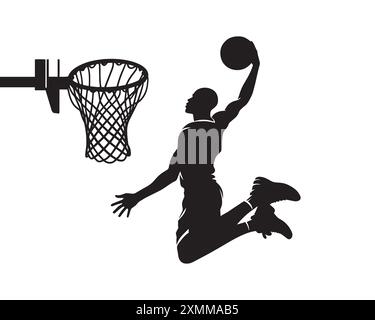 vector silhouette of a male basketball player slam dunk, scoring the ball to the net, transparent on a white background Stock Vector
