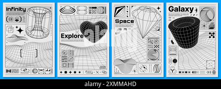 Brutalism posters with y2k forms and 3d retro shapes. Vector futuristic, minimalistic, brutal black and white templates with 3d wireframe grid pattern Stock Vector