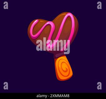 Cartoon valentine heart-shaped chocolate lollypop with pink icing drizzle and swirled wooden stick. Vector candy sweets and confectionery lollipop fes Stock Vector