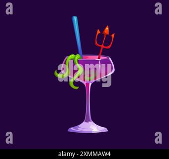 Cartoon Halloween cocktail, spooky beverage in a goblet with bright pink drink, green gummy worms garnish wriggling in a mysterious concoction and a r Stock Vector