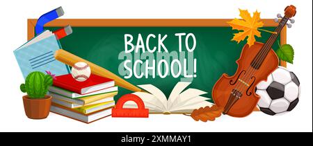 Back to school banner with education supplies and student stationery, vector chalkboard. Back to school chalk writing on green chalkboard with books, Stock Vector