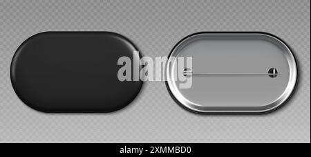 Black pin badge mockup top and bottom view. Blank glossy rectangle brooch tag with rounded corners for merch template. 3d realistic vector illustration of empty promotional and advertising souvenir. Stock Vector