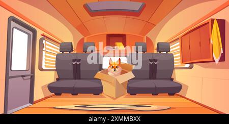 Wild red fox sitting in cardboard box between seats inside of mini bus or camper van room interior with cabinet and hand towel, books on shelf and carpet on floor, windows with blinds and door. Stock Vector