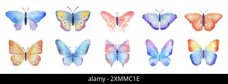 Watercolor butterfly. Spring, summer green romantic nature, tropical pink wing painting, exotic tropical beauty insects, colorful moths. Cute isolated Stock Vector