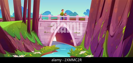 Child girl and teen kid boy walking on stone bridge over river in forest with green trees and grass, flowers and blue sky. Cartoon vector illustration scene of sister and brother in public city park. Stock Vector