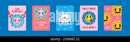 Cool stickers. Smile love design for hipster patch with words. Happy art labels. Trendy acid chaos. Positive expression. Doodle emoji. Romantic faces. Stock Vector