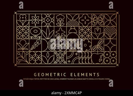 Nature pattern. Food logo. Fruit and vegetable plants. Line eco farm abstract background from square geometry tile. Organic products. Outline simple f Stock Vector