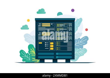 Huge server rack with leaf background. data storage. cloud storage. computing technology flat illustration. Stock Vector