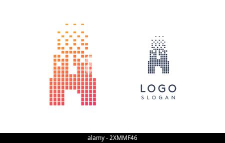 Pixelated Letter A transitioning into scattered pixels with gradient colors creating modern, digital effect like equalizer. Abstract logo for tech Stock Vector