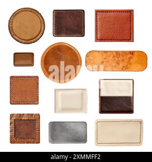 Set of leather elements. Isolated on white background. Collection of leather tag and label of beige, gray and brown color Stock Photo