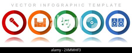 Multimedia vector icon collection, miscellaneous icons such as microphone, stereo equipment, vinyl and speakers, flat design infographic template in e Stock Vector