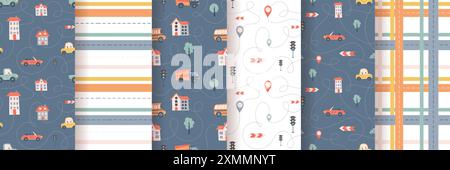 Kids seamless pattern with car, bus and road. Perfect for fabric , digital paper, cards. Stock Vector