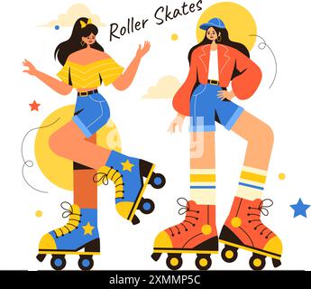 People Riding Roller Skates in a City Park for Outdoor Activities, Sports Recreation or Weekend Leisure on Flat Cartoon Background Vector Illustration Stock Vector