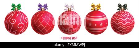Christmas red balls vector set design. Balls christmas ornament in printed pattern bauble elements with colorful ribbon tie in white isolated Stock Vector