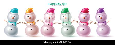 Christmas snowman character vector set design. Snowman in cute smiling, friendly waving and standing with colorful costume in white isolated Stock Vector