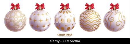 Christmas white balls vector set design. Christmas pattern balls ornament with elegant print and red ribbon elements for holiday season bauble Stock Vector