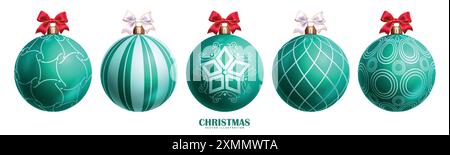 Christmas green balls vector set design. Christmas ball with elegant pattern, stripe print, checkered and star in round shape xmas ornaments Stock Vector
