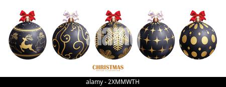 Christmas elegant balls vector set design. Christmas balls pattern decoration ornament with spiral, snowflakes, stars and dots printed bauble elements Stock Vector