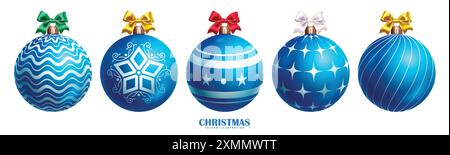 Christmas blue balls vector set design. Balls christmas ornament with curve print, stars and stripe pattern bauble elements with colorful ribbon tie Stock Vector