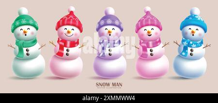 Christmas snowman characters vector set design. Snowman character with colorful hat, scarf and twig elements for holiday cute ice collection. Vector Stock Vector