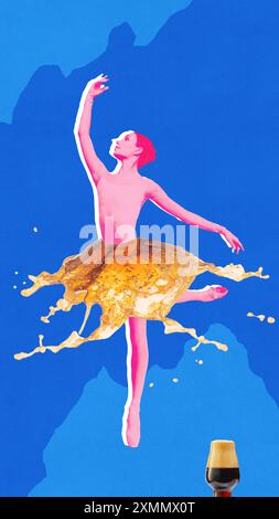 Poster. Contemporary art collage. Pink-toned ballerina dancer gracefully posing in tutu made from beer against vibrant blue background. Stock Photo