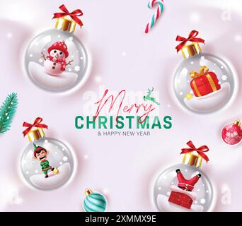 Merry christmas greeting vector design. Christmas greeting text with snowman, elf, santa claus character and gift box elements in crystal ball glass Stock Vector