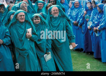 Gorsedd of Bards, the National Eisteddfod. New members, the Order of Ovates wear green robes while the Order of Bards are wearing Blue Robes. Bala Wales 2011, 2010s UK HOMER SYKES Stock Photo