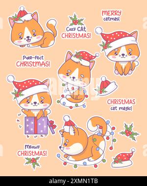 Cute Christmas red cats stickers. Funny pet in Santa hat with garland and in gift box and holiday cool phrases. Isolated New Year cartoon kawaii anima Stock Vector