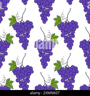 Grape seamless pattern on white background, contour doodle drawing of grape berries and leaves. Vector illustration Stock Vector