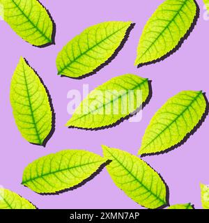 seamless pattern of bright green leafs with shadows on color background Stock Photo