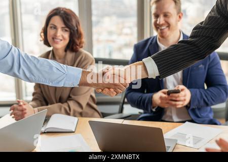 Two Businesspeople Shaking Hands During Meeting in Modern Office Stock Photo