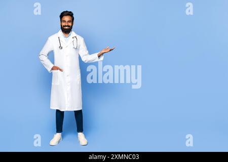 Smiling Doctor Gesturing With Hand in Studio Setting Stock Photo