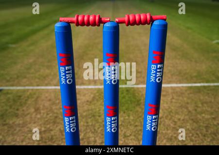 Bristol, UK, 28 July 2024. Metro Bank stumps during the Metro Bank One-Day Cup match between Gloucestershire and Essex. Credit: Robbie Stephenson/Gloucestershire Cricket/Alamy Live News Stock Photo