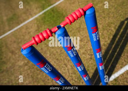 Bristol, UK, 28 July 2024. Metro Bank stumps during the Metro Bank One-Day Cup match between Gloucestershire and Essex. Credit: Robbie Stephenson/Gloucestershire Cricket/Alamy Live News Stock Photo