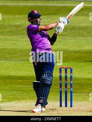 Bristol, UK, 28 July 2024. Essex’s Feroze Khushi batting during the Metro Bank One-Day Cup match between Gloucestershire and Essex. Credit: Robbie Stephenson/Gloucestershire Cricket/Alamy Live News Stock Photo