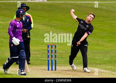 Bristol, UK, 28 July 2024. Gloucestershire's Josh Shaw bowling during the Metro Bank One-Day Cup match between Gloucestershire and Essex. Credit: Robbie Stephenson/Gloucestershire Cricket/Alamy Live News Stock Photo