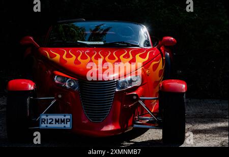 Red fiery hot rod custom car, Ropley, Hampshire, UK Stock Photo