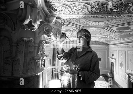 Restoration of Basildon Park Interior designer Rachel Tye (25) paints intricate plaster reliefs inthe dining room of the National Trust's Basildon Park , home of Lord and Lady Iliffe .  The fine restoration work using tiny brushes includes replacing medallions to the walls and ceilings that were sold to the Waldorf Astoria , New York in 1920 .  The stately home near Pangbourne , Berkshire was built in 1776 by Sir Francis Sykes .  26 March 1991 Picture by Roger Bamber Stock Photo